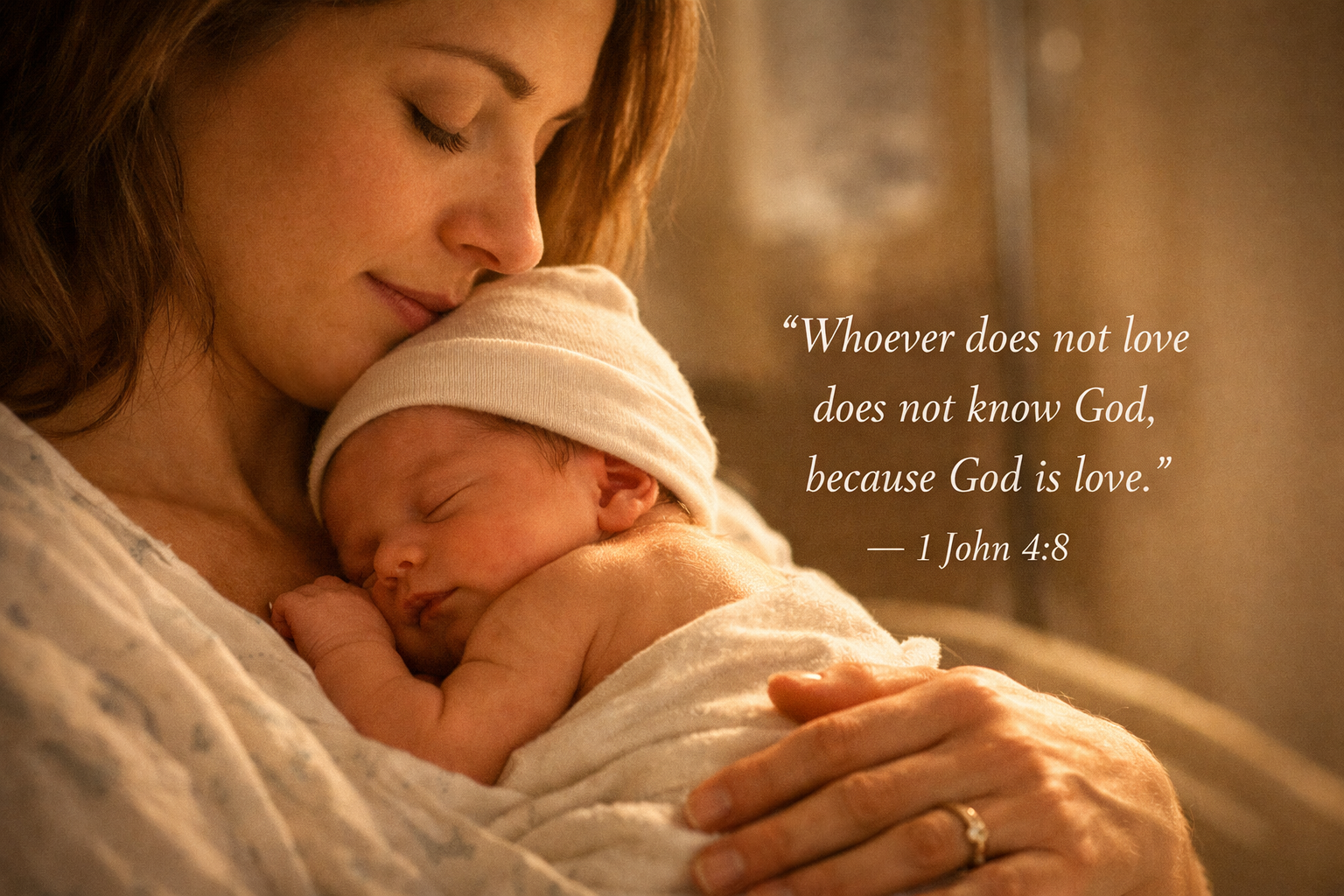 1 John 4:8 Bible verse wallpaper - Whoever does not love does not know God God is love - mother gently holding newborn in warm golden light